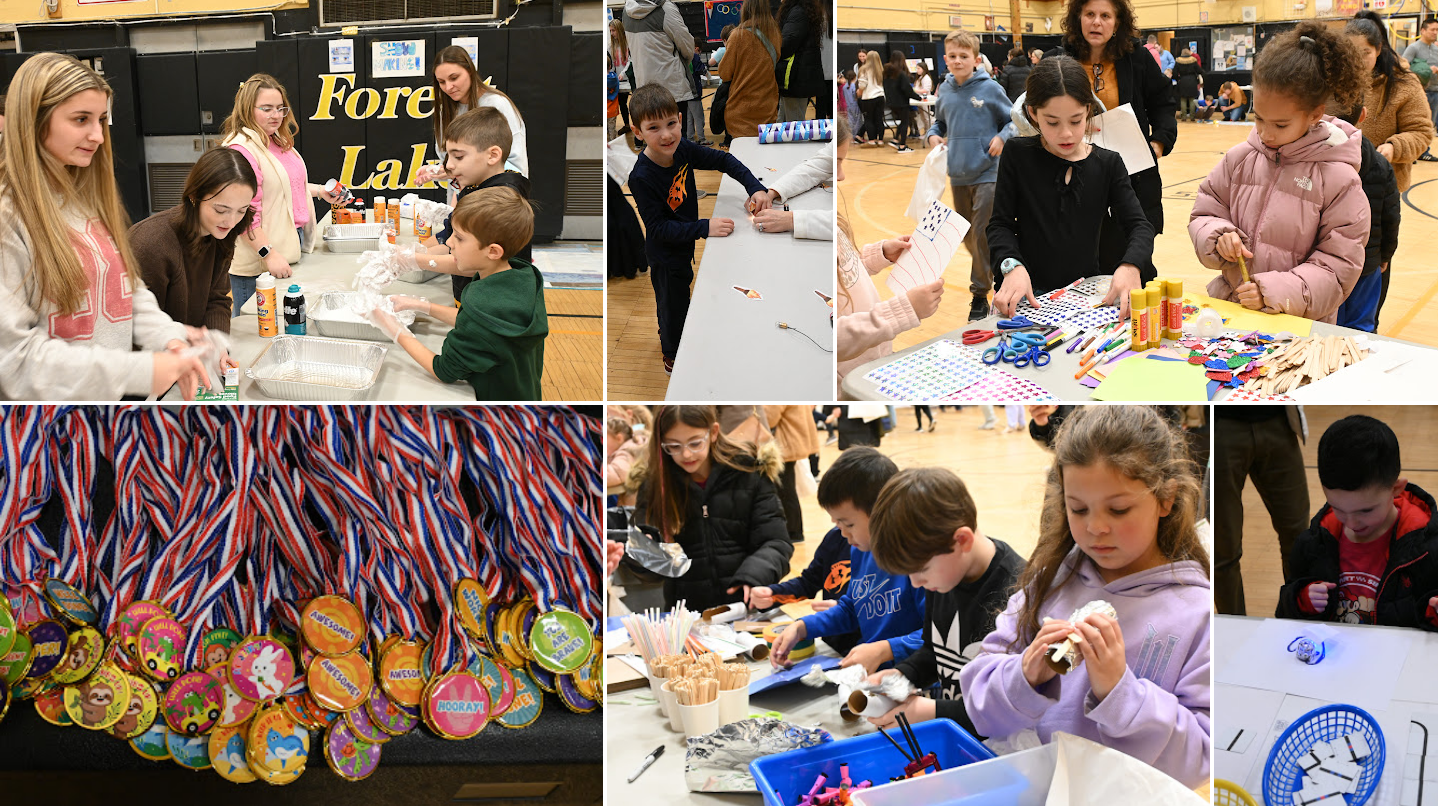 group of photos of kids creating items for steam class